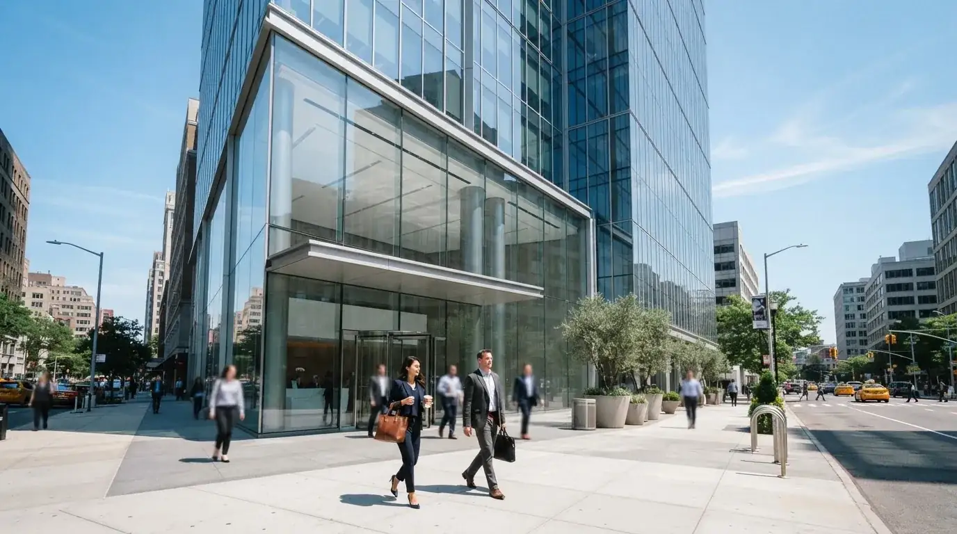 Edificio de oficinas moderno con fachada de cristal bajo un cielo despejado, gente caminando por la acera en una calle de ciudad.