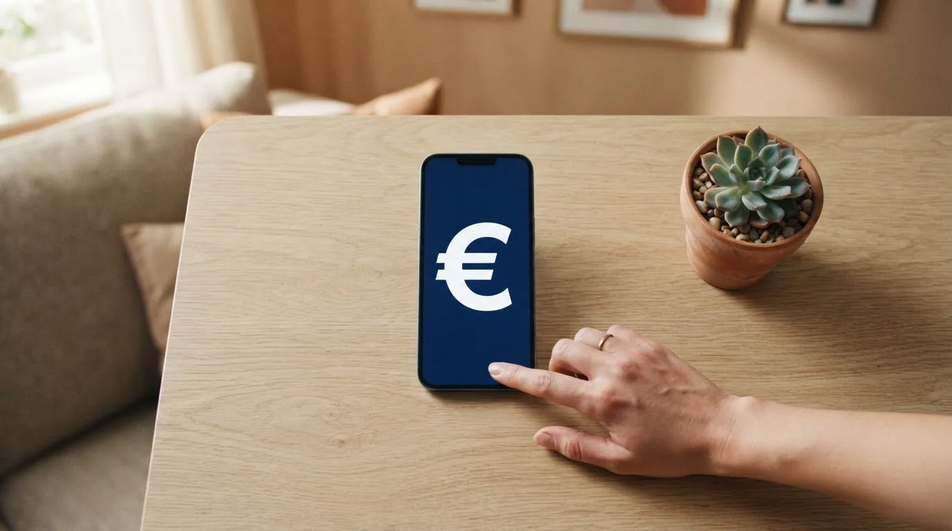 Mano sostiene un teléfono móvil mostrando una pantalla de inicio genérica sobre una mesa de café con una planta al fondo.