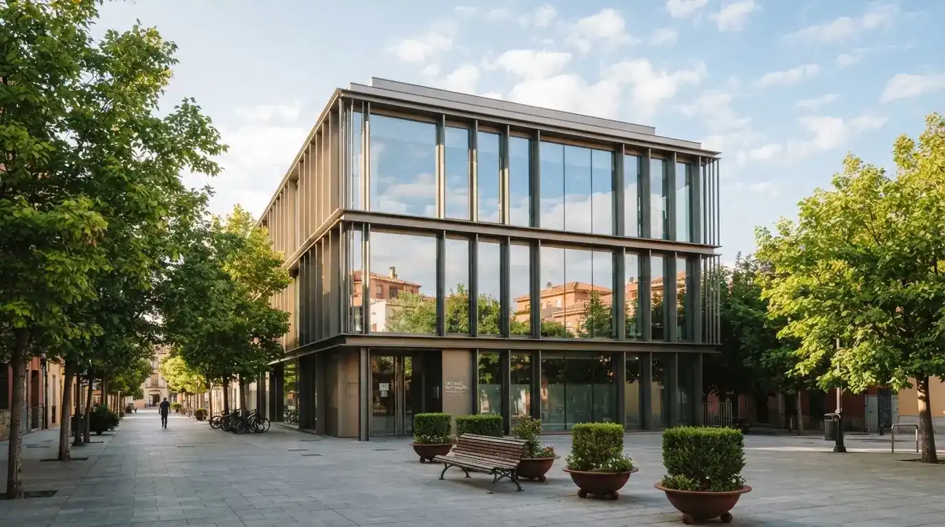 Edificio moderno de oficinas con grandes ventanales de cristal reflejando el cielo, visto desde una calle peatonal.