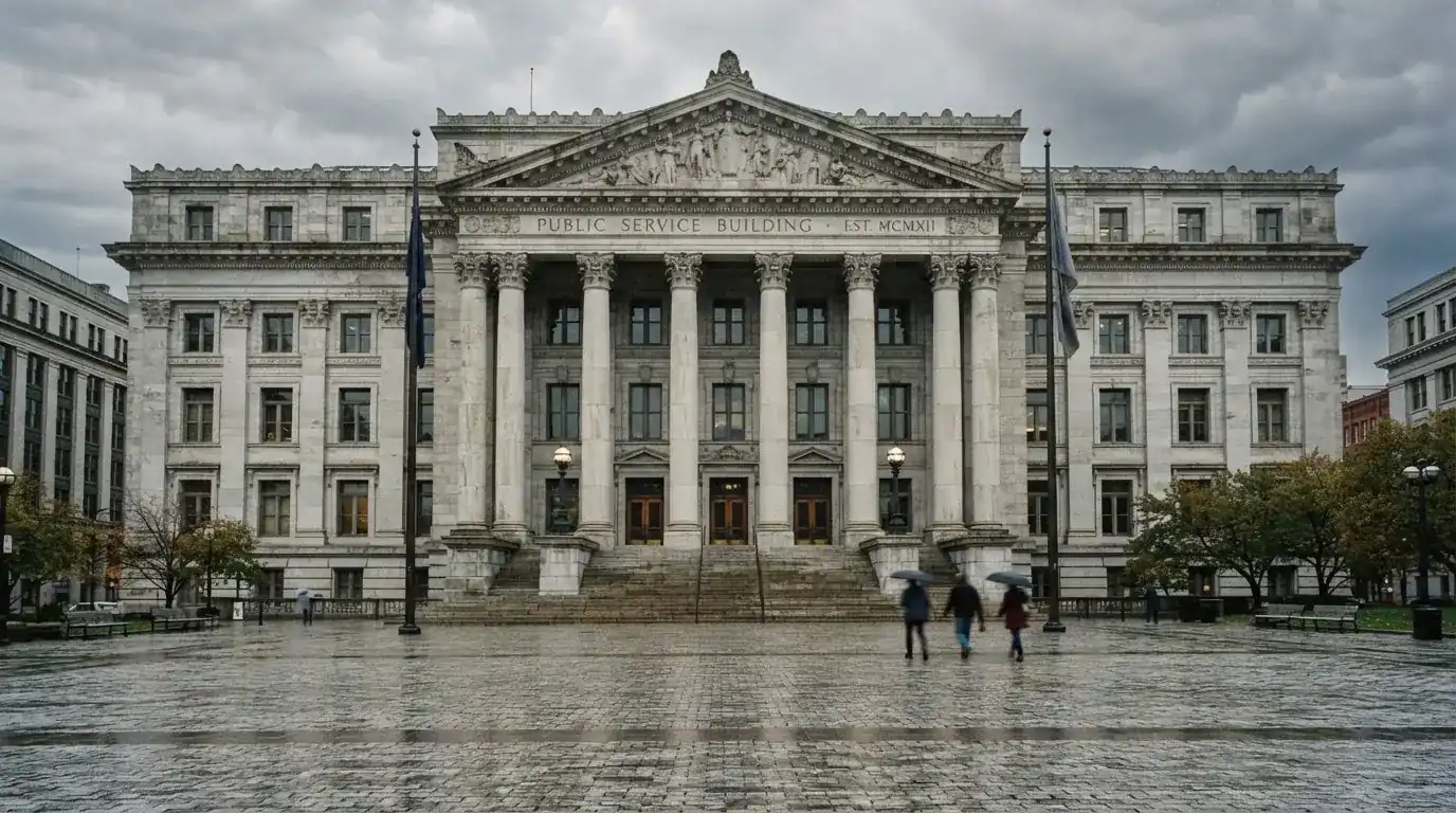 Fachada de un edificio institucional con grandes columnas y una plaza empedrada al frente, bajo un cielo nublado.