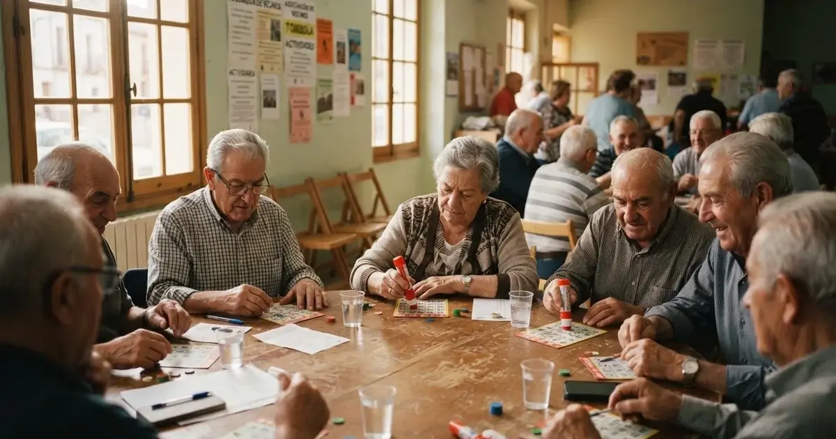 Grupo de personas mayores juega a las cartas alrededor de una mesa redonda en un salón comunitario iluminado.