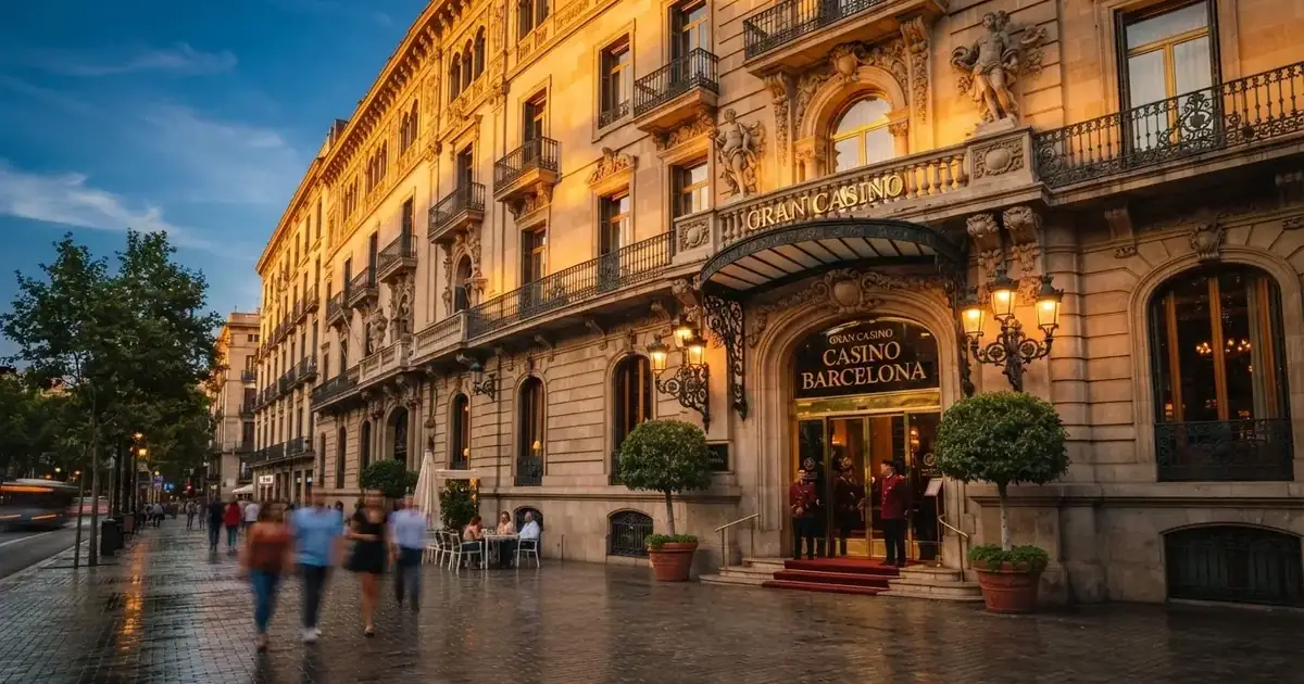 Fachada iluminada de un edificio clásico de estilo señorial en una ciudad europea al atardecer.