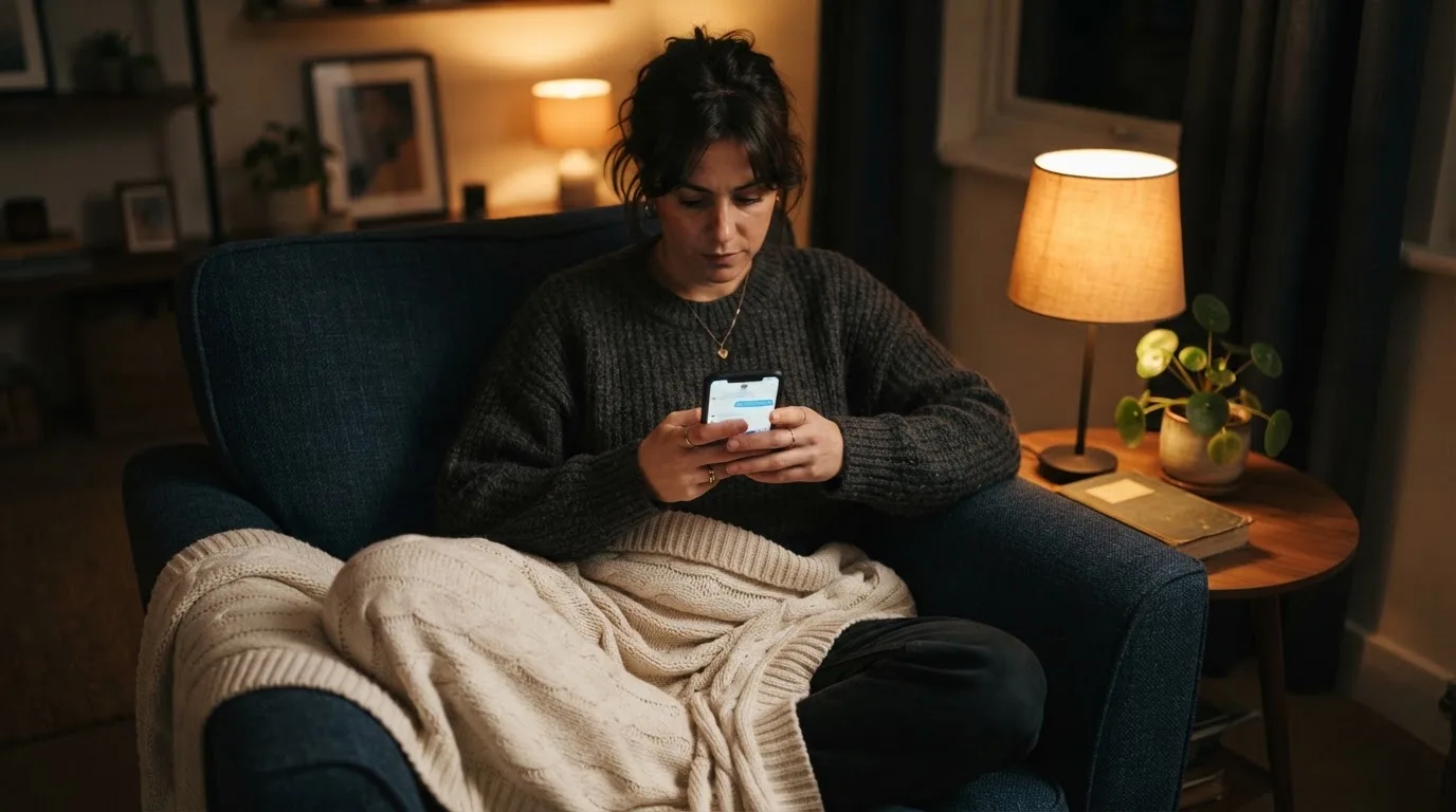 Persona sentada en un sillón cómodo consultando un teléfono móvil con una manta sobre las piernas en una sala tranquila.