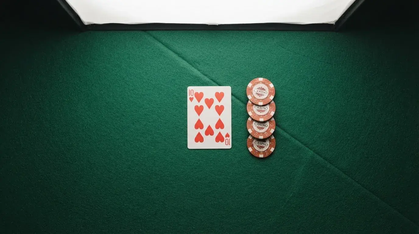 Vista cenital de una baraja de cartas y fichas de casino apiladas sobre una mesa de fieltro verde.