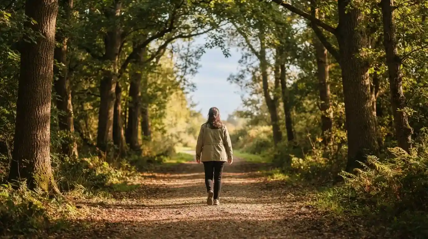 Persona caminando por un sendero arbolado durante una mañana soleada, en actitud relajada.