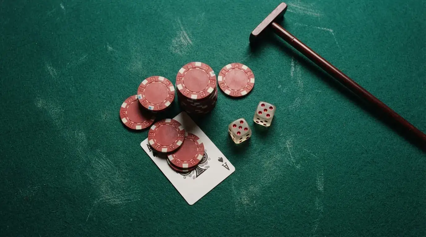 Vista cenital de fichas de casino y dados sobre una mesa de fieltro verde bajo luz suave.