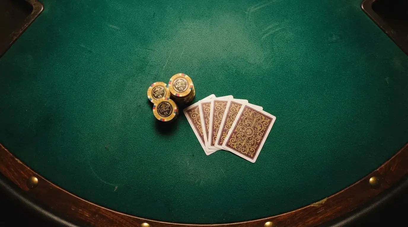 Vista cenital de fichas doradas y una baraja de cartas sobre una mesa de fieltro verde.