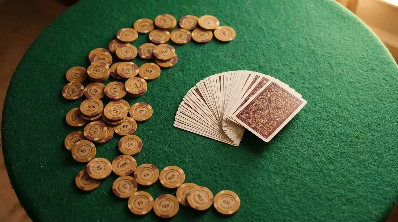 Vista cenital de fichas doradas y una baraja de cartas sobre una mesa de fieltro verde.