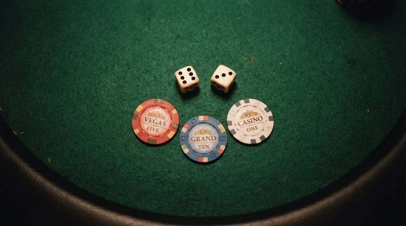 Vista cenital de fichas de casino y dados sobre una mesa de fieltro verde bajo luz suave.