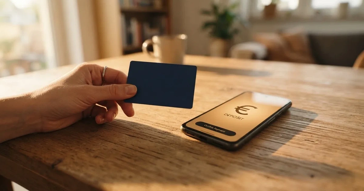 Persona sujetando una tarjeta bancaria junto a un teléfono móvil sobre una mesa de madera clara.