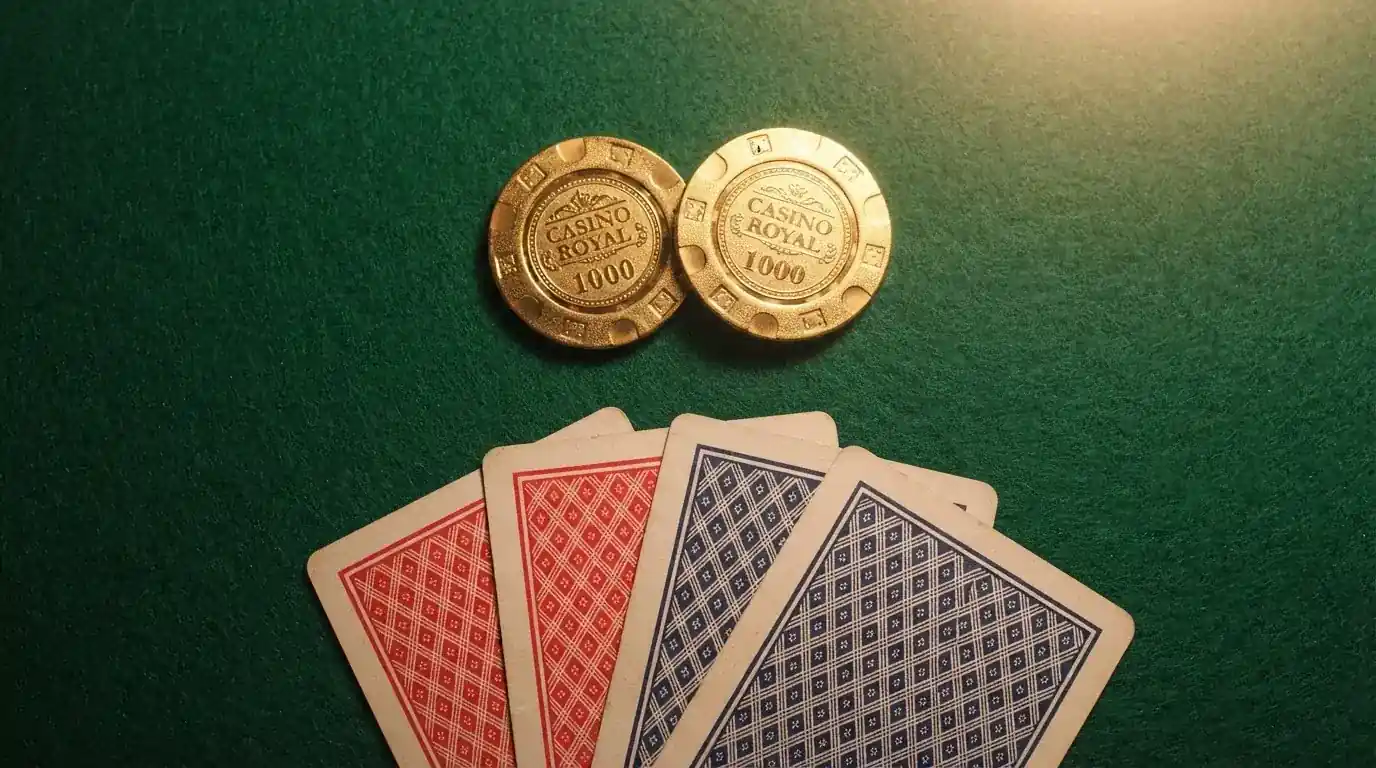 Vista cenital de fichas doradas y una baraja de cartas sobre una mesa de fieltro verde.
