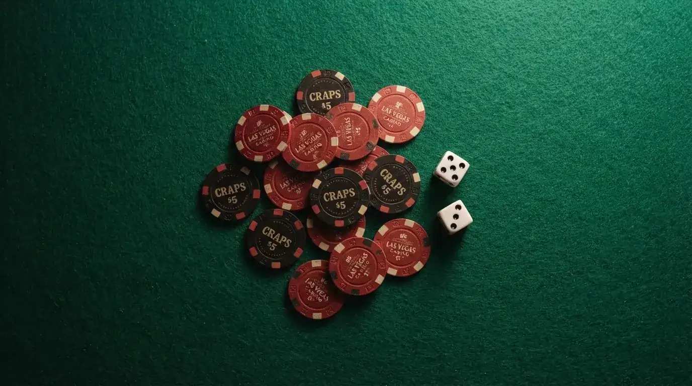 Vista cenital de fichas de casino y dados sobre una mesa de fieltro verde bajo luz suave.