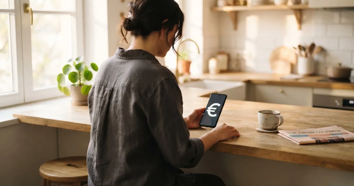 Persona revisando una aplicación bancaria en un teléfono móvil sentada en una cocina luminosa.