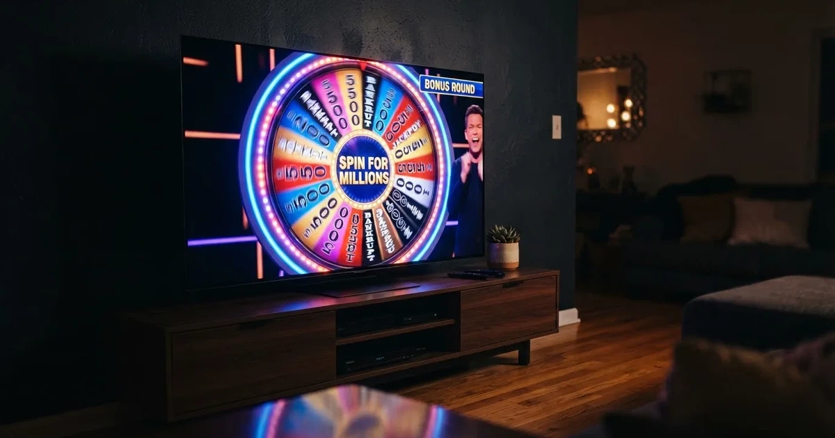 Una pantalla de televisor en un salón moderno muestra una rueda giratoria de colores brillantes bajo luces de neón por la noche.