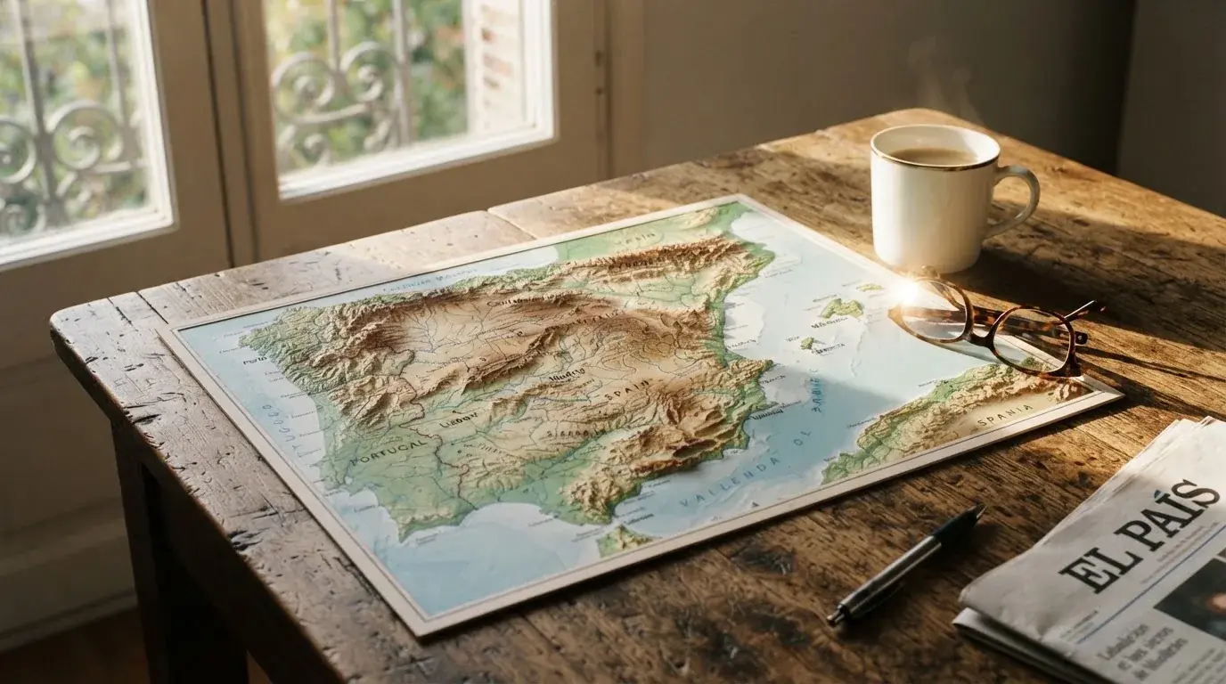 Un mapa físico de España sobre una mesa de madera junto a una taza de café y unas gafas, con luz natural entrando por una ventana.