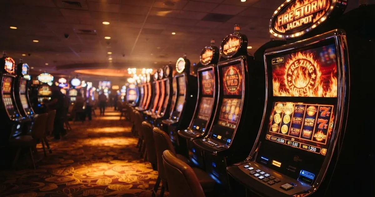 Una fila de máquinas recreativas con luces rojas y doradas en una sala de juego iluminada por focos cálidos durante la noche.