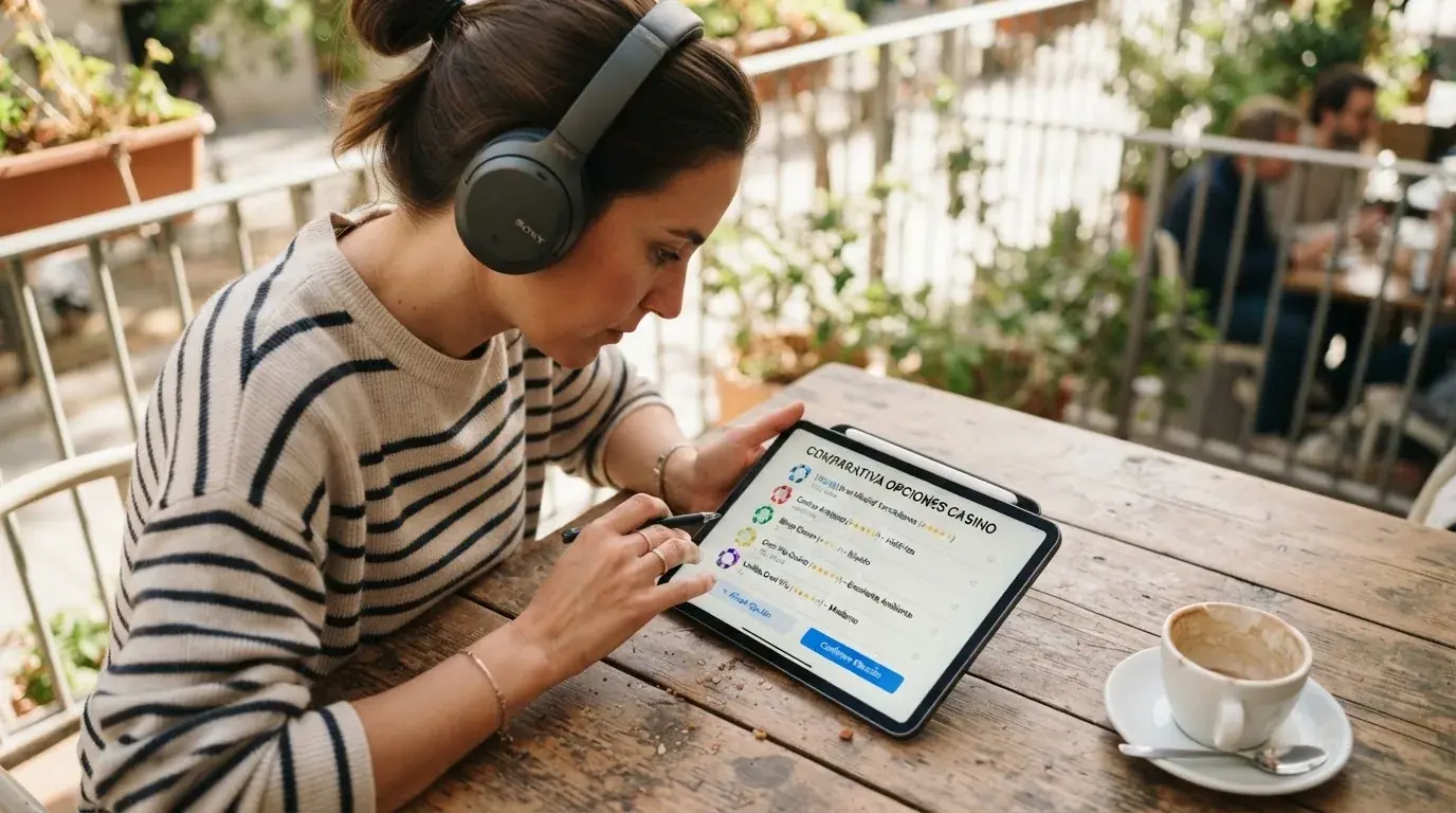 Una persona con auriculares revisa una lista en una tableta apoyada sobre una mesa de café en una terraza soleada.