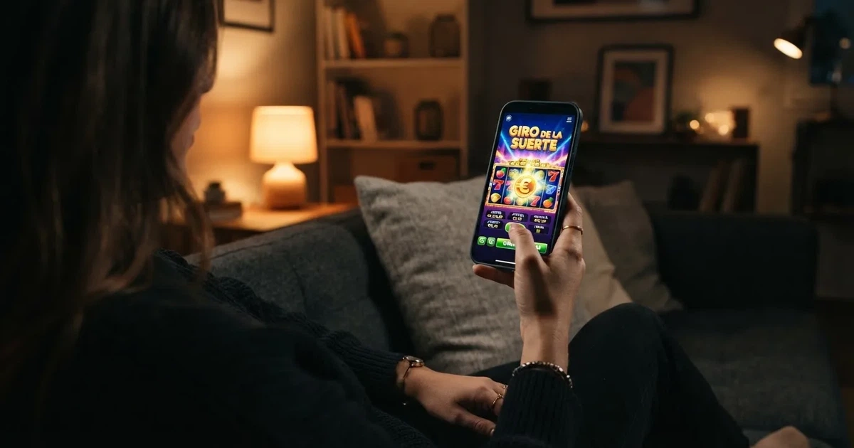 Una mano sostiene un teléfono móvil con la pantalla encendida mientras está sentada en un sofá por la noche.