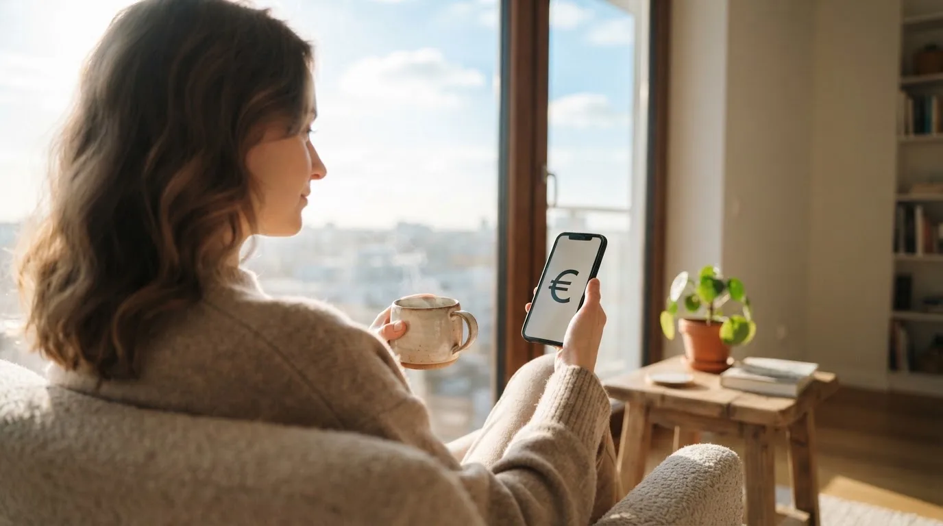 Una persona sostiene una taza de café mientras mira un teléfono móvil sentada junto a una ventana con luz de mañana.