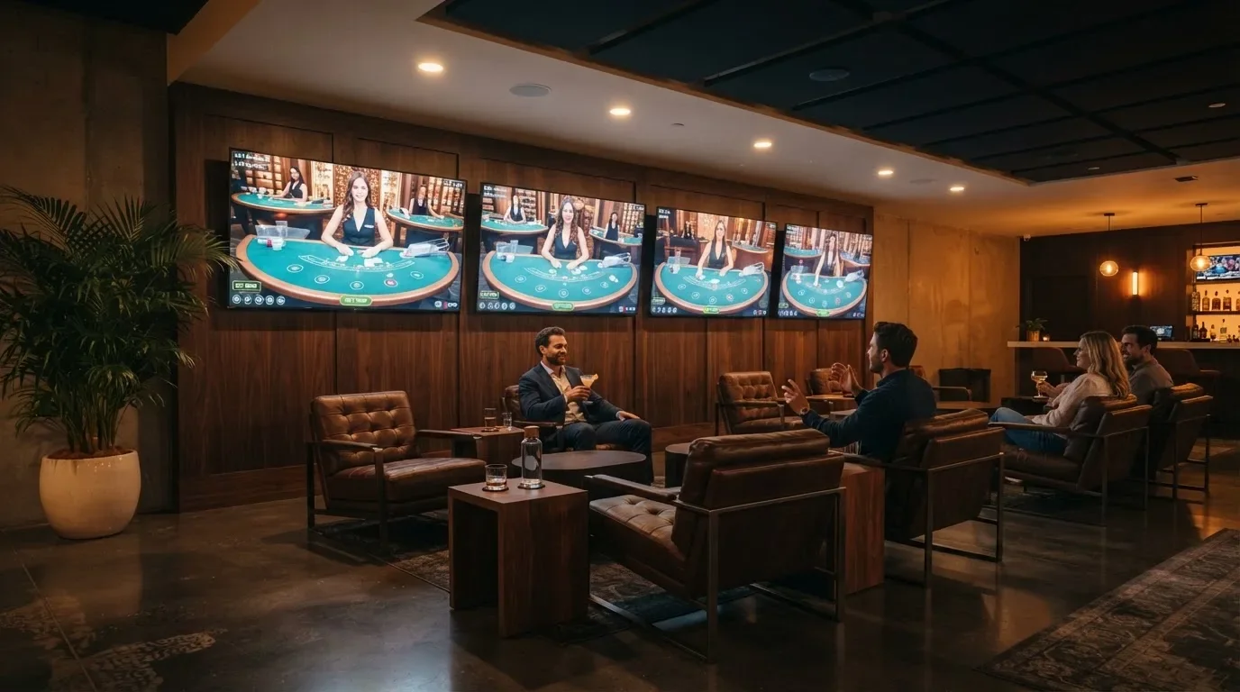 Fotografía de un salón de casino moderno con pantallas de transmisión en directo y sillones cómodos, ambiente cálido y profesional.