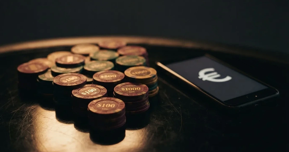 Fotografía de monedas físicas doradas apiladas junto a un teléfono móvil sobre un fondo oscuro, sin texto ni logotipos visibles.