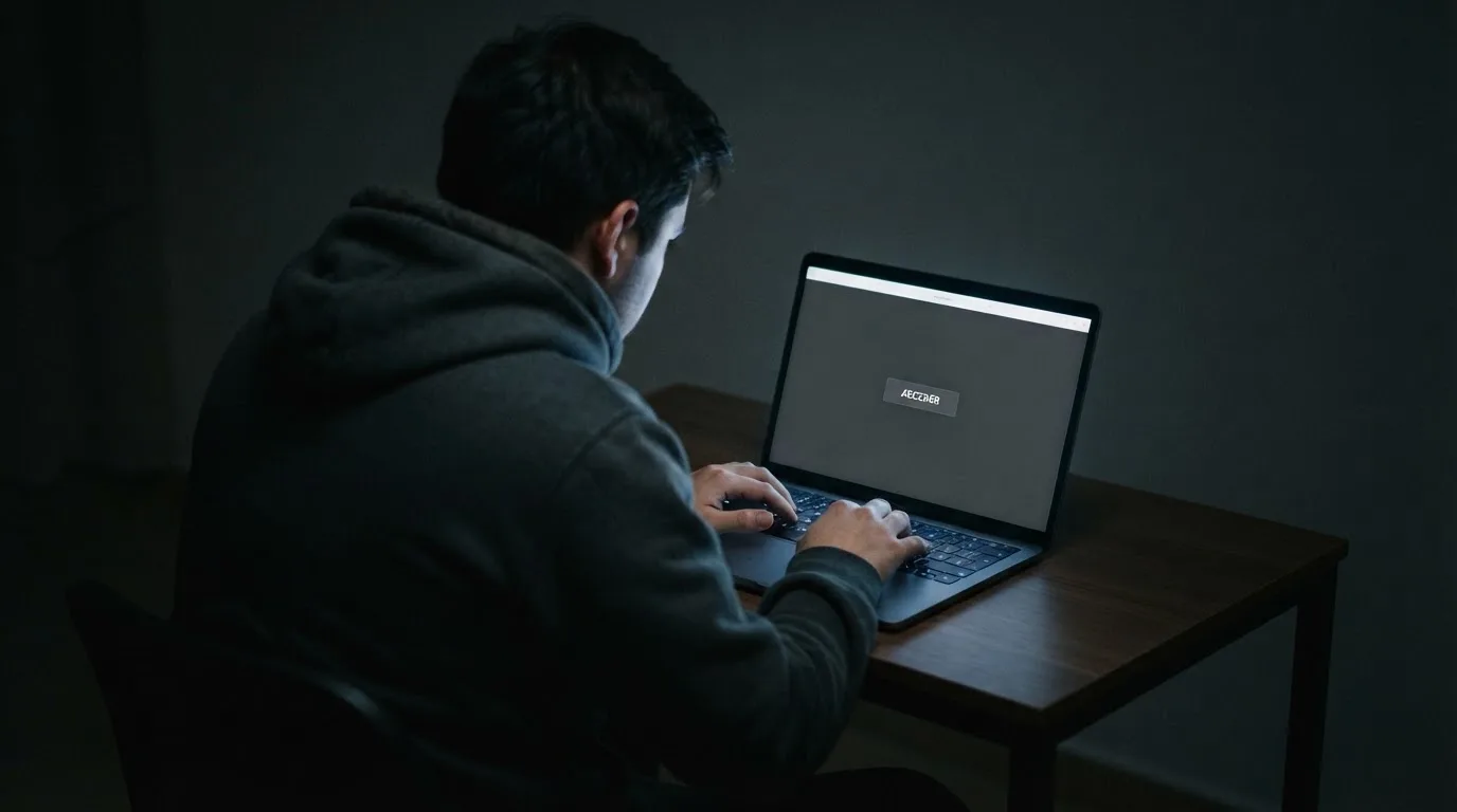 Fotografía de una persona con capucha usando un portátil en una habitación oscura, transmitiendo la idea de anonimato en línea.