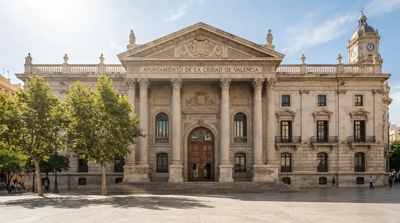 Fotografía de la fachada de un edificio institucional español con columnas clásicas bajo un cielo despejado.