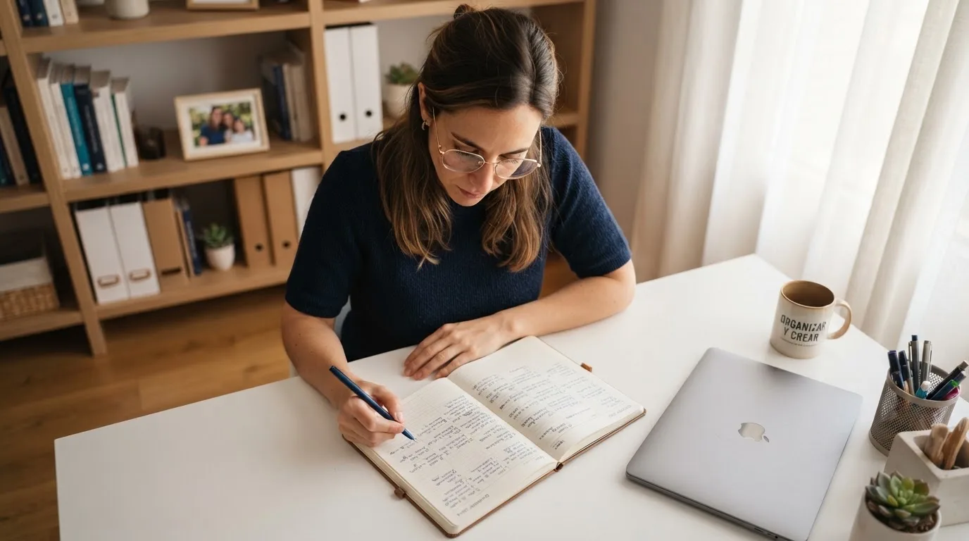 Una mujer con gafas revisa su agenda en un escritorio de oficina moderna con estanterías al fondo.