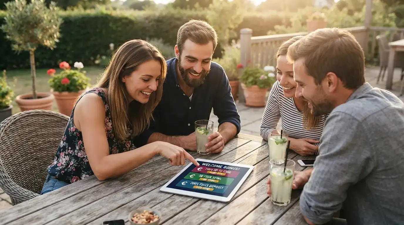Un grupo de amigos revisa algo en una tableta sobre una mesa de madera en una terraza al aire libre.