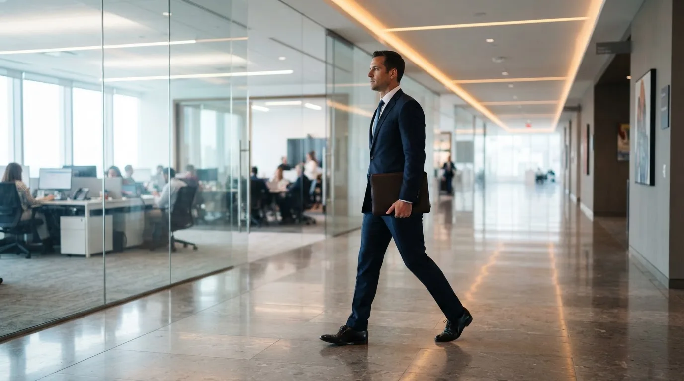Un hombre con traje camina por el pasillo de un edificio de oficinas moderno con grandes ventanales.