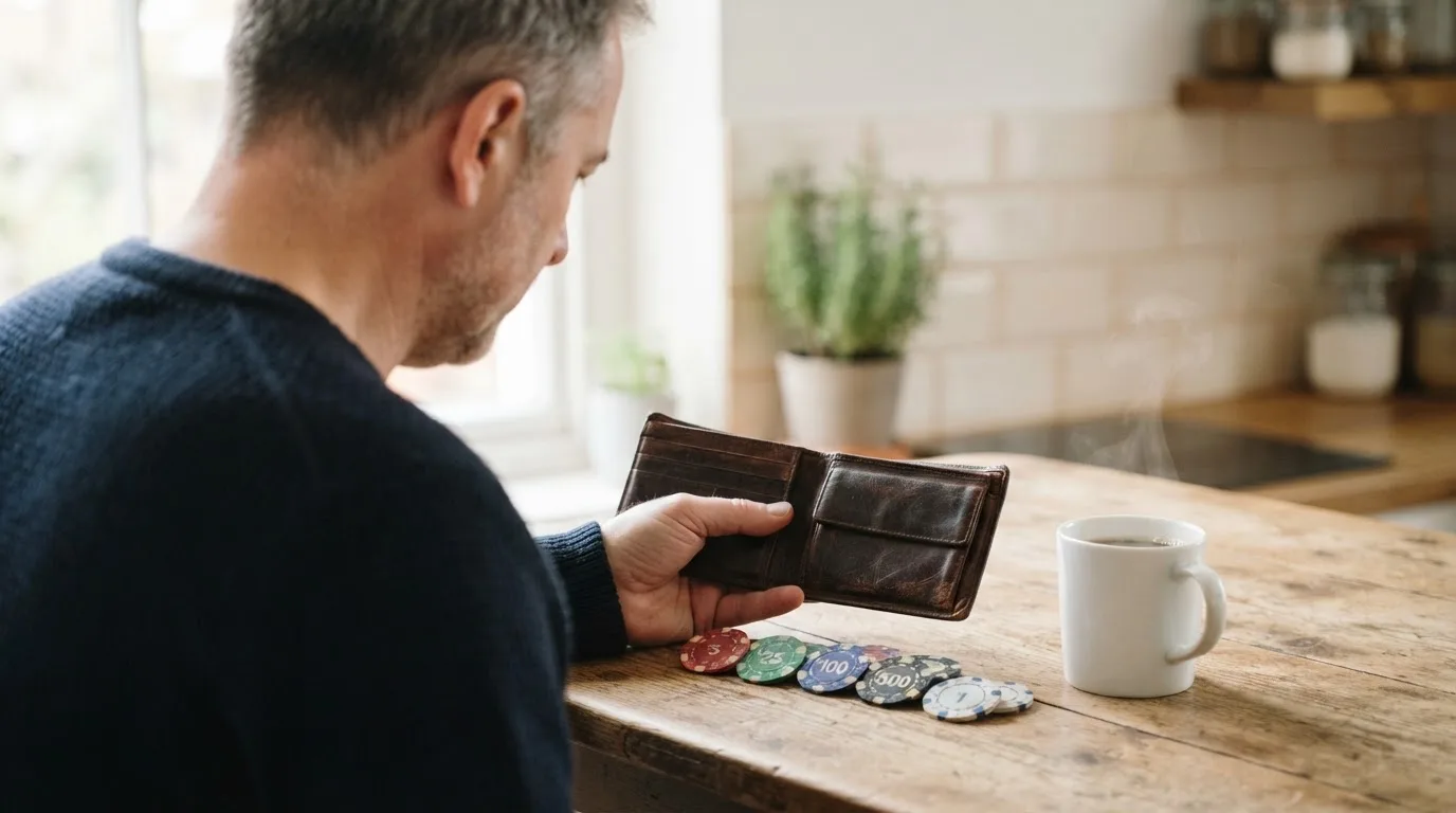 Un hombre revisa su cartera con tarjetas y monedas sobre una mesa de madera en casa.