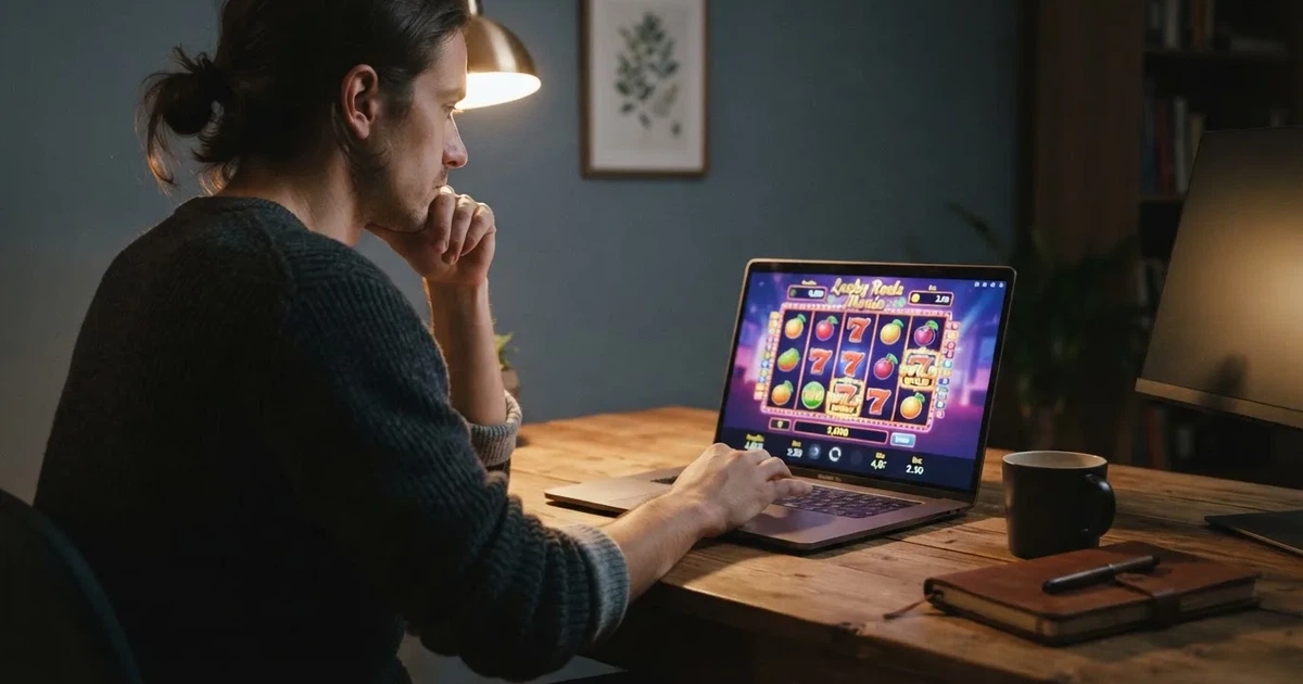 Una persona pausa frente a la pantalla del ordenador antes de cerrar la sesión de un casino online, sentada en su escritorio.