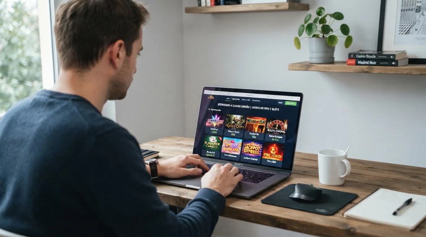 Un hombre explora distintos juegos gratuitos de casino en la pantalla de su ordenador portátil, sentado en su escritorio.