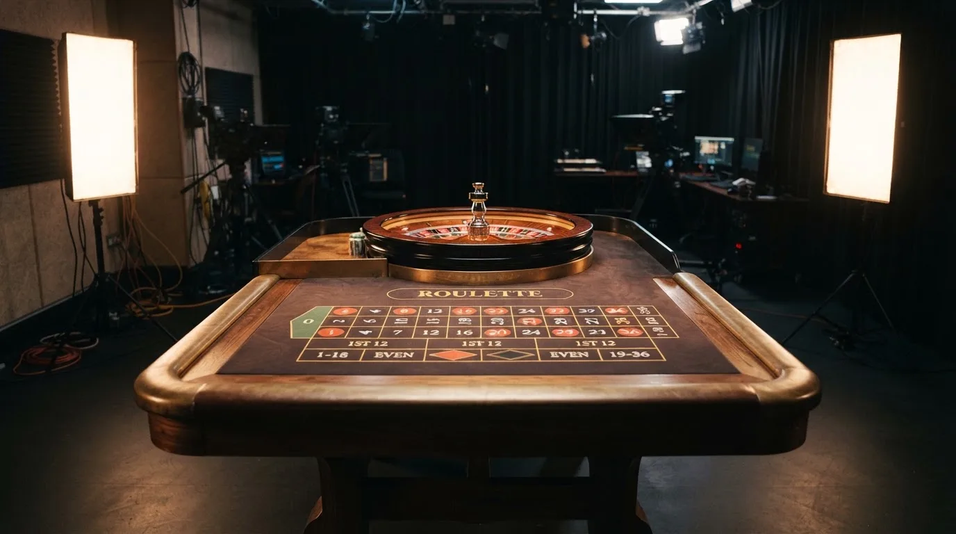 Una mesa de ruleta en vivo vacía momentos antes de empezar la retransmisión, con luces de estudio profesional encendidas.