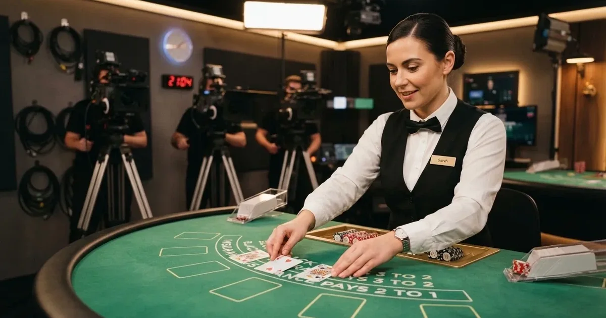 Un crupier reparte cartas en una mesa de blackjack en vivo, con cámaras de estudio visibles ligeramente desenfocadas al fondo.