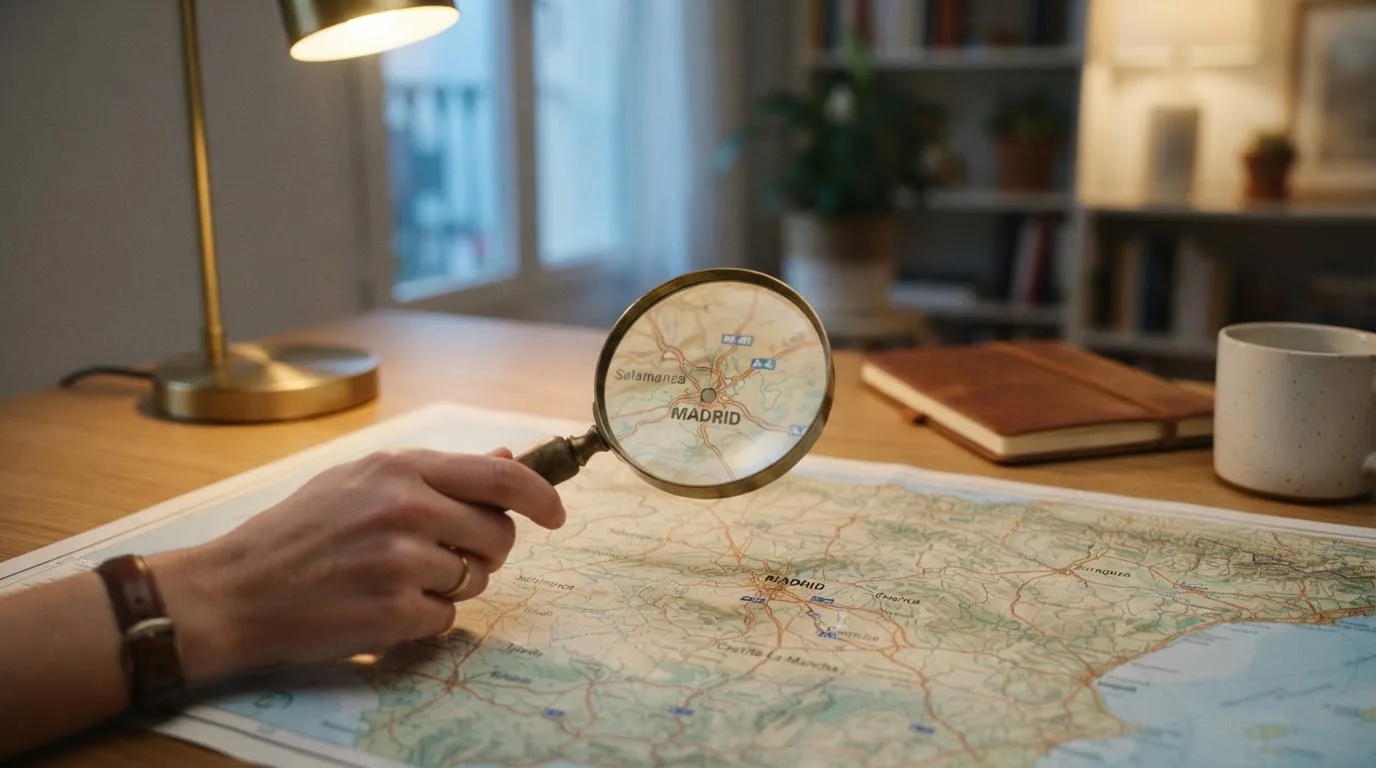 Una lupa sobre un mapa de España iluminado en un escritorio de oficina, con una ventana al fondo desenfocada.
