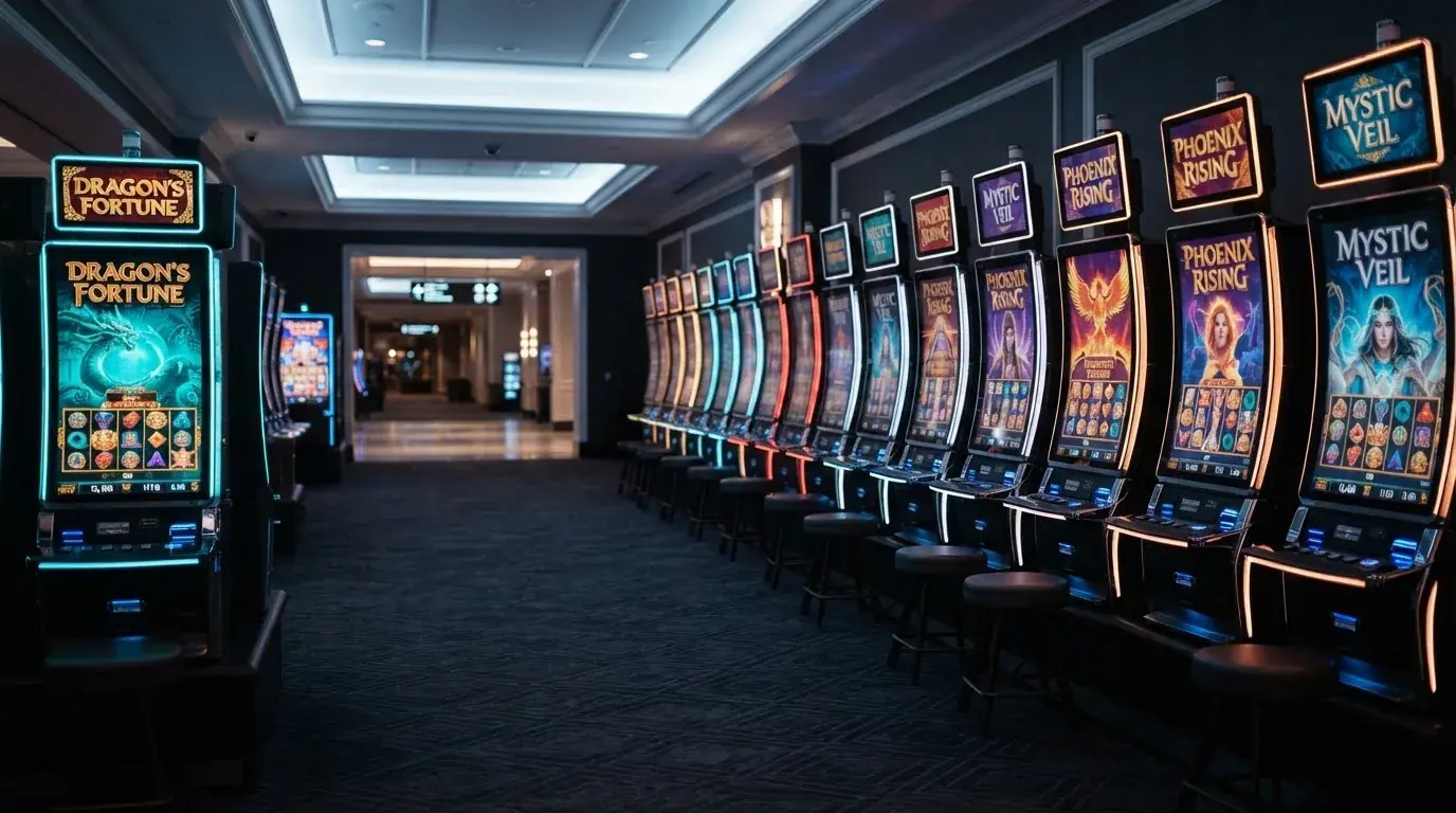 Una hilera de máquinas tragaperras modernas con luces de colores encendidas, fotografiada en un pasillo de casino vacío.
