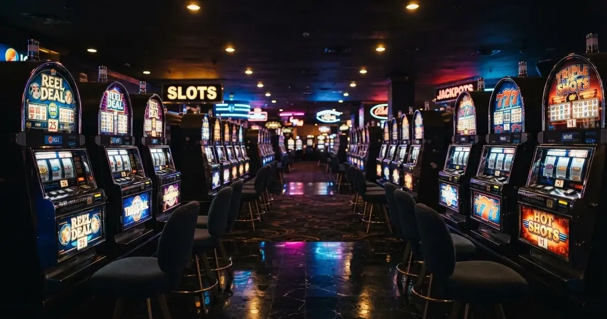 Una fila de máquinas tragaperras clásicas con luces de neón de colores en una sala de casino en penumbra.