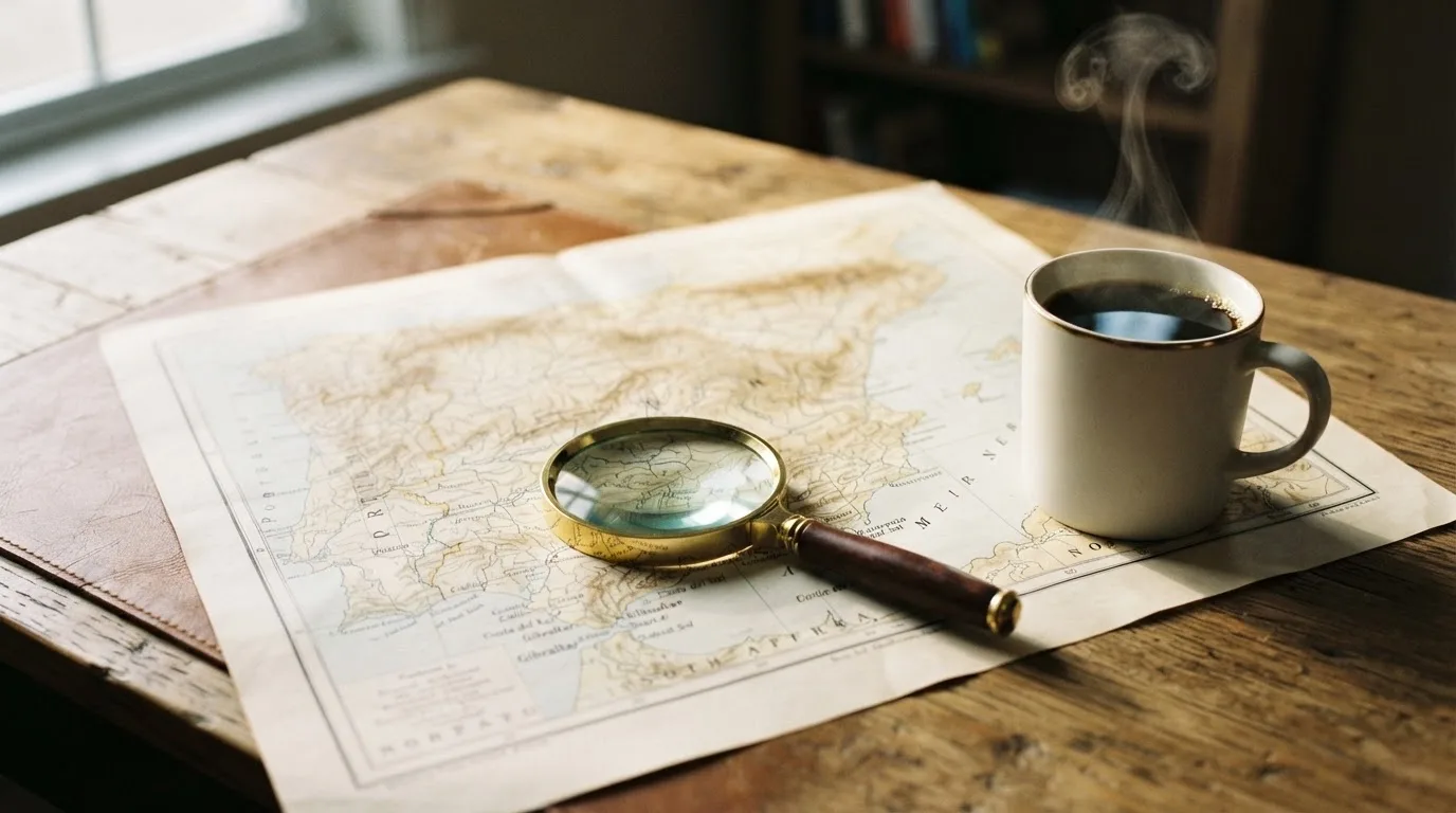 Una lupa sobre un mapa de España colocado en un escritorio de madera junto a una taza de café humeante.