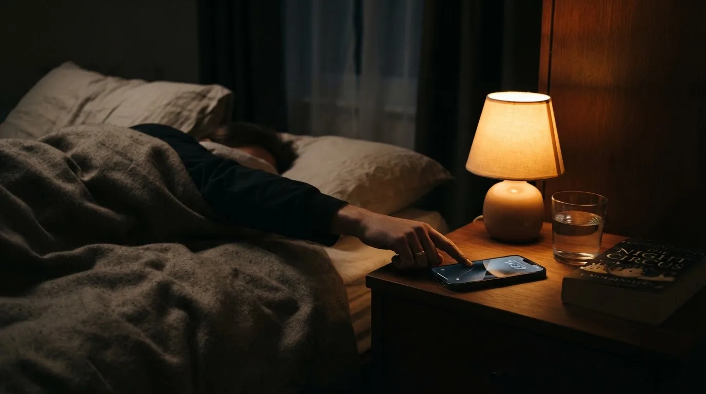 Fotografía de una persona apagando la pantalla de su móvil antes de dormir, con una mesilla de noche y una lámpara encendida.